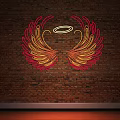 Neon Decorative Lights with Angel Wings and Halo Design on Brick Wall Background
