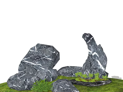 Natural Stone And Wood Elements In Garden Landscape With Green Plants 3d model