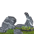 Natural Stone And Wood Elements In Garden Landscape With Green Plants