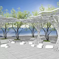 Modern Garden Landscape Featuring Tree Like Canopy Green Trees And White Seating 3d model