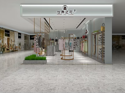 Modern Clothing Store Interior With Display Racks Hanging Clothes Green Plants And Marble Floor 3d model
