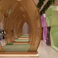 Modern SPA Sauna With Multiple Colorful Hexagonal Compartments Metal Mesh Screens Green Plants Marble Flooring