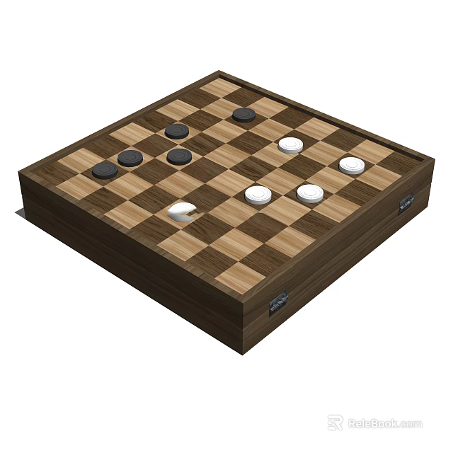 Classic Board Game Entertainment Featuring Wooden Board Black White Checkers And Grid Design 3d model 