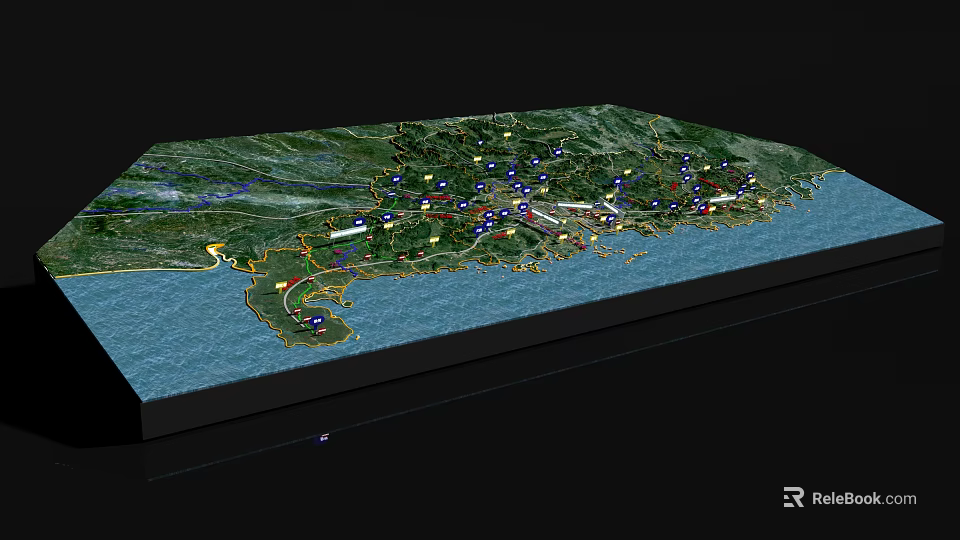 Aerial Planning Model With Green Spaces Water Areas Road Networks And Building Markers 3d model 