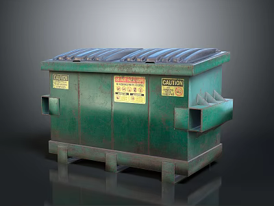 Green Industrial Waste Container With Corrugated Lid And Caution Labels 3d model