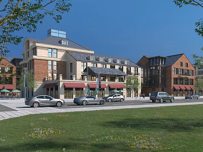 Vibrant Commercial Street with Modern Traditional Buildings Red Awnings Parked Cars and Green Lawns 3d model