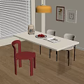 Modern Dining Table Set With White Table Red Chair Fruit Plate And Wall Art 3d model