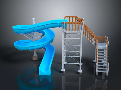 Blue Spiral Water Slide Structure With Wooden Railings And Metal Stairs 3d model