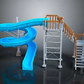 Blue Spiral Water Slide Structure With Wooden Railings And Metal Stairs