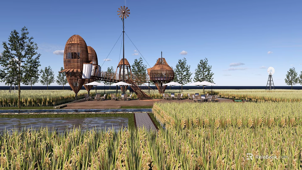 Scenic Rural Landscape with Rice Fields Straw Dome Buildings Windmill and Pathway 3d model 