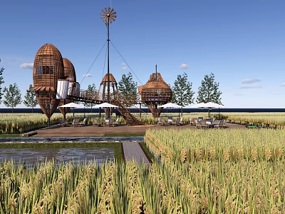Scenic Rural Landscape with Rice Fields Straw Dome Buildings Windmill and Pathway 3d model