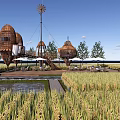 Scenic Rural Landscape with Rice Fields Straw Dome Buildings Windmill and Pathway
