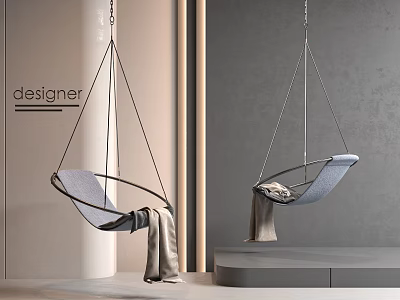 Modern Designer Hanging Chair Interior With Soft Gray Cushion And Throw Blanket 3d model