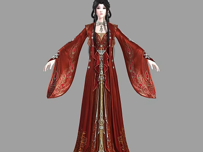 Woman In Traditional Red Dress With Gold Embroidery And Long Hair 3d model
