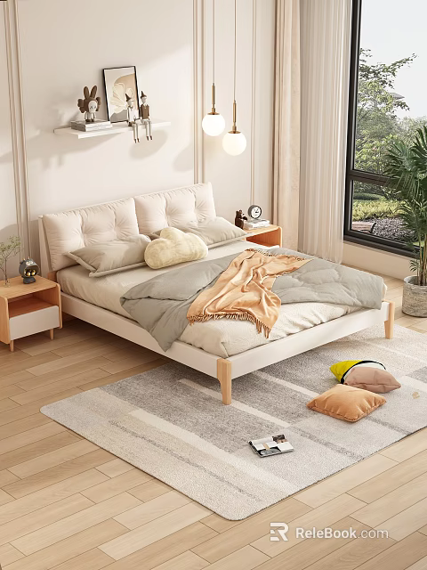 Modern Double Bed with Upholstered Headboard Pillows Blanket Nightstand Lamp Window Green Plant and Cozy Rug 3d model 
