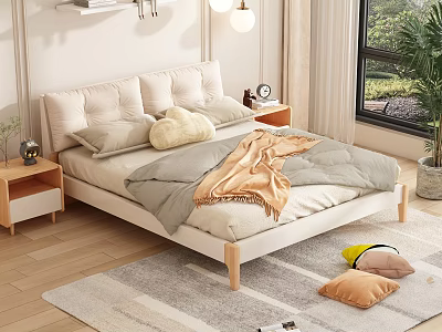 Modern Double Bed with Upholstered Headboard Pillows Blanket Nightstand Lamp Window Green Plant and Cozy Rug 3d model
