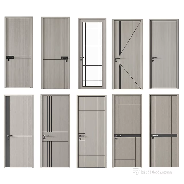 Modern Interior Hinged Doors With Various Panel Designs And Handle Details 3d model