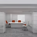 Modern Meeting Room With White Curved Conference Table Orange White Chairs And Open Shelves