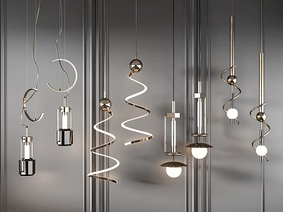 Modern Pendant Lights With Various Designs Including Spiral Spherical And Ring Shapes 3d model