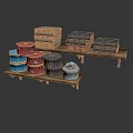 Rustic Wooden Shelf With Stacked Fabrics And Colorful Decorative Boxes