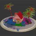 Pink House with Red Roof Surrounded by Palm Trees Sand and Love Sign