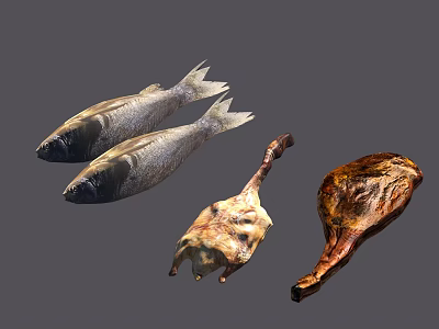Two Fresh Fish And Roasted Chicken Leg With Delicious Cooked Meat 3d model Two Fresh Fish And Roasted Chicken Leg With Delicious Cooked Meat 3d model