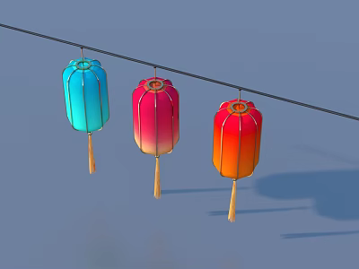 Colorful Household Lanterns In Blue Pink Orange Hanging On String 3d model