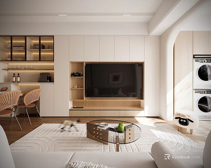 Modern Living Dining Room Interior With TV Wall Storage Cabinets Coffee Table Sofa 3d model