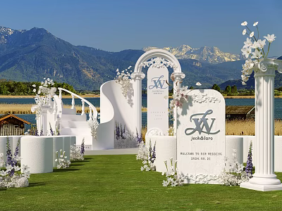 Romantic Garden Landscape With Green Lawn White Decorative Arch Floral Decor Lake View And Mountain Backdrop 3d model