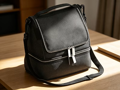 Stylish Black Mesh Texture Shoulder Bag With Silver Metal Clasp On Wooden Table 3d model