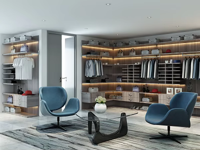 Luxurious Modern Walk in Closet Interior With Shelves Hanging Clothes And Blue Chairs 3d model