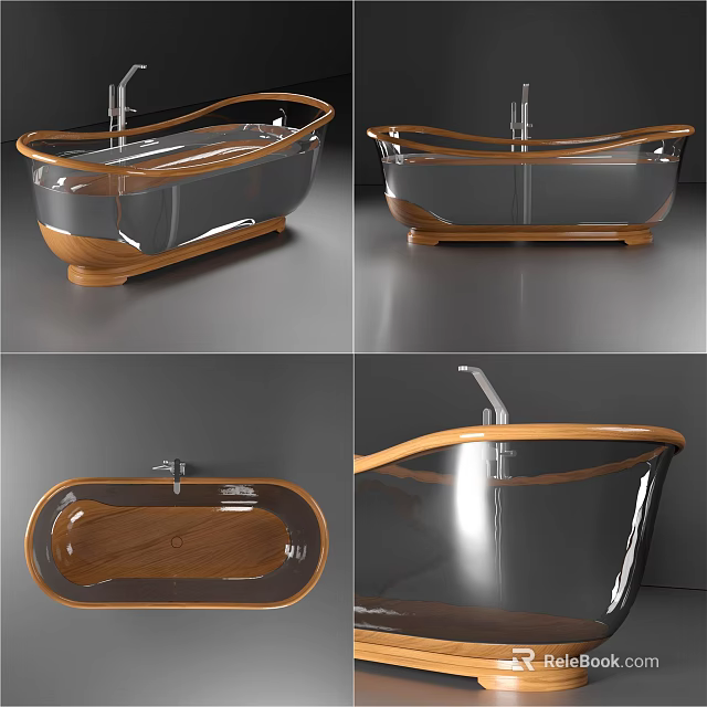 Modern Transparent Acrylic Bathtub With Wooden Base And Chrome Faucet Design 3d model 