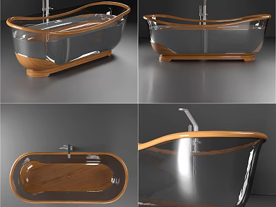 Modern Transparent Acrylic Bathtub With Wooden Base And Chrome Faucet Design 3d model