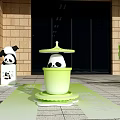 Outdoor Panda Themed Building With Large Billboards Sculptures And Bamboo
