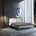 Modern Double Bed with Plush Pillows Abstract Painting and Floor Lamp in Bedroom