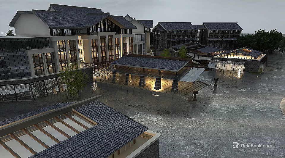Traditional Commercial Street With Tile Roofs Illuminated Storefronts And Open Pedestrian Plaza 3d model 