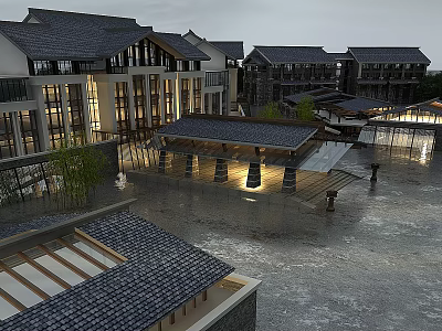 Traditional Commercial Street With Tile Roofs Illuminated Storefronts And Open Pedestrian Plaza 3d model