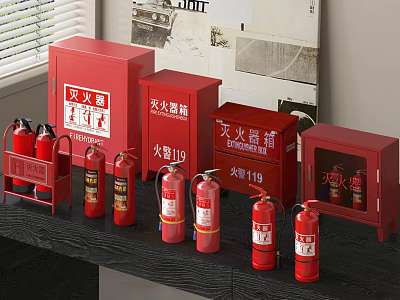 Red Fire Equipment Collection Featuring Fire Extinguishers Cabinets and Alarm 119 Signage 3d model