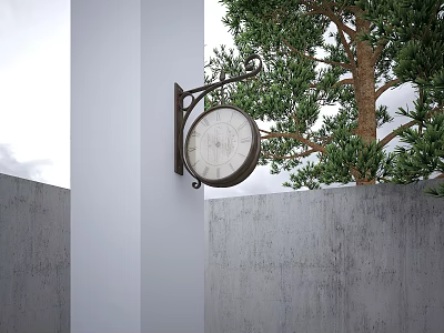 Vintage Wall Clock Mounted On Gray Wall With Green Tree Background 3d model