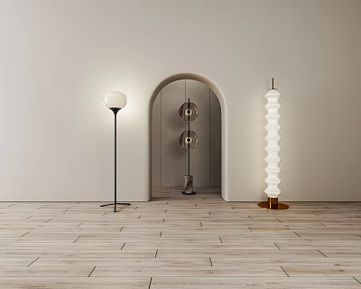 Two Unique Floor Lamps In Minimalist Interior With Archway And Wooden Floor 3d model