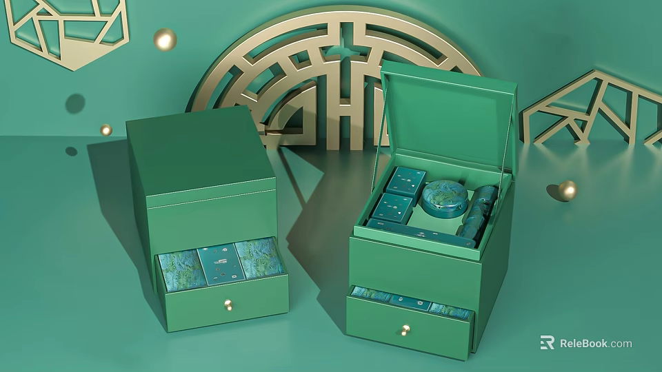Decorative Ornament Set in Green Open Boxes with Golden Geometric Accents 3d model 
