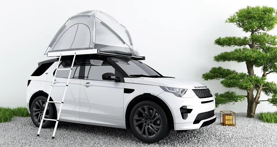 White SUV With Roof Tent And Ladder For Outdoor Camping Adventures 3d model 