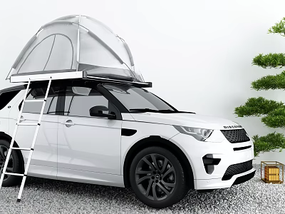 White SUV With Roof Tent And Ladder For Outdoor Camping Adventures 3d model