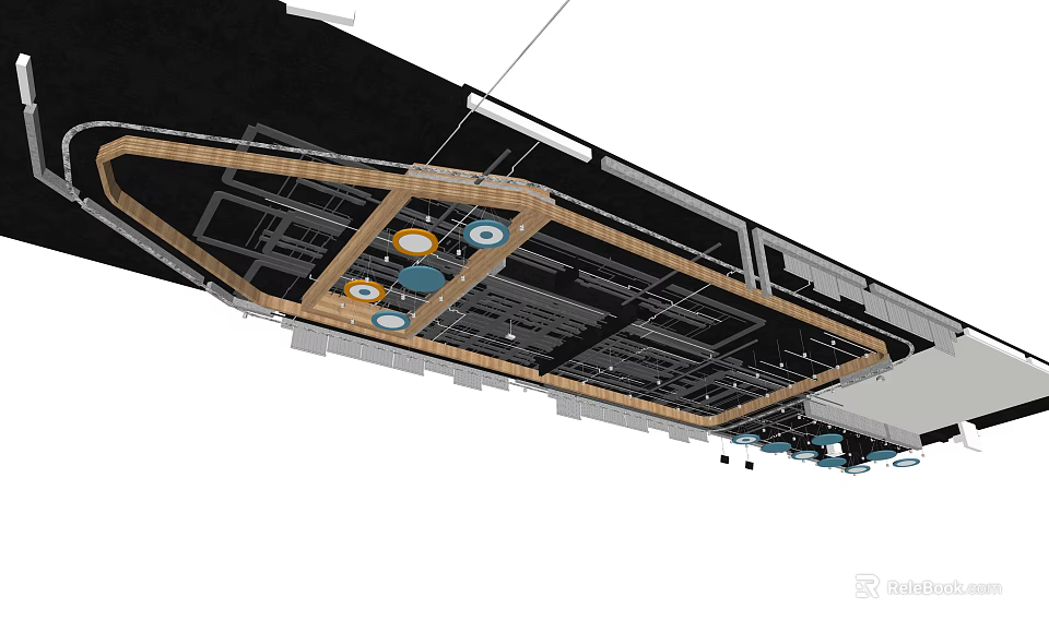 Modern Ceiling Design With Wooden Frame Recessed Circular Lights And Geometric Structure 3d model 