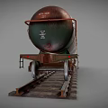 Industrial Railway Tank Car with Rusty Green Brown Exterior on Railroad Track and Ladder