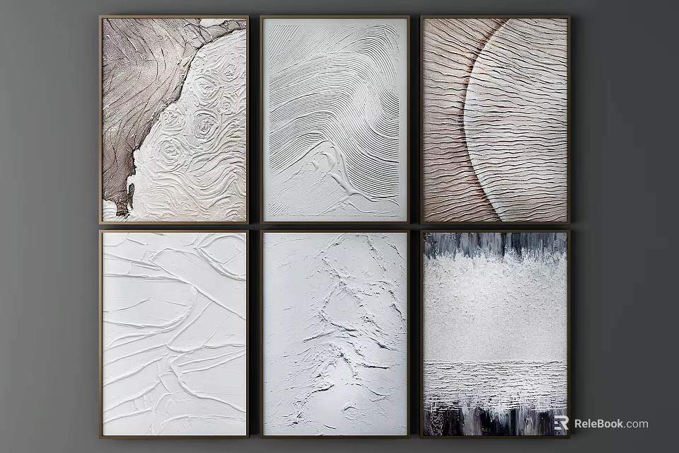 Six Modern Abstract Paintings With Textured White Gray Tones For Home Wall Art Decor 3d model 