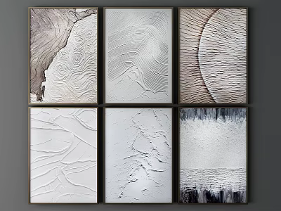 Six Modern Abstract Paintings With Textured White Gray Tones For Home Wall Art Decor 3d model