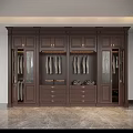 Dark Brown Wooden Wardrobe Interior With Glass Doors Hanging Rods And Drawers