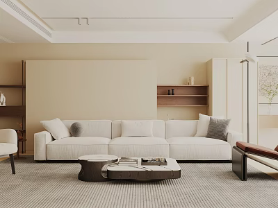 Modern Minimalist Living Room Interior Design With Beige Sofa Wooden Coffee Table And Soft Rug 3d model