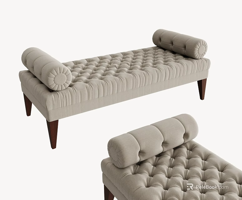 Beige Upholstered Sofa Bench With Tufted Diamond Pattern Rollback Arms And Wooden Legs 3d model 
